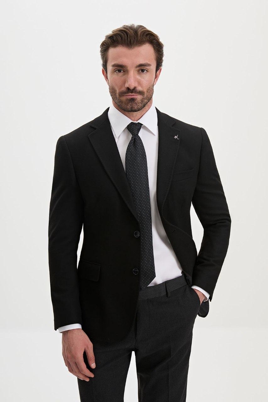 Men's black blazer, front view