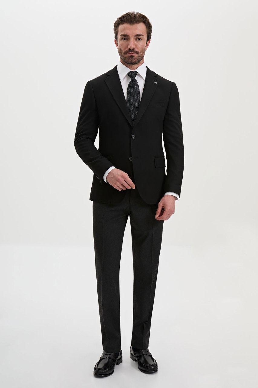 Men's black blazer, full length view