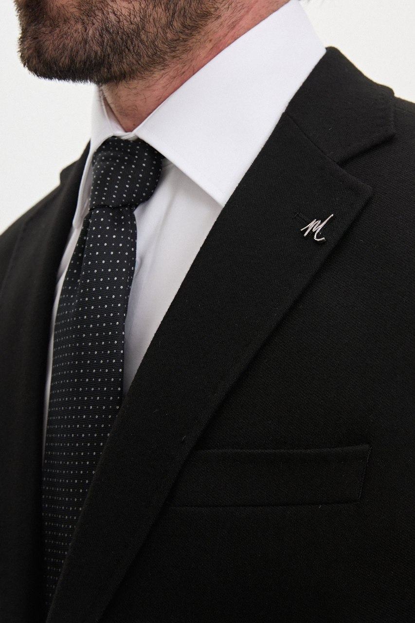 Men's black blazer, lapel detail view