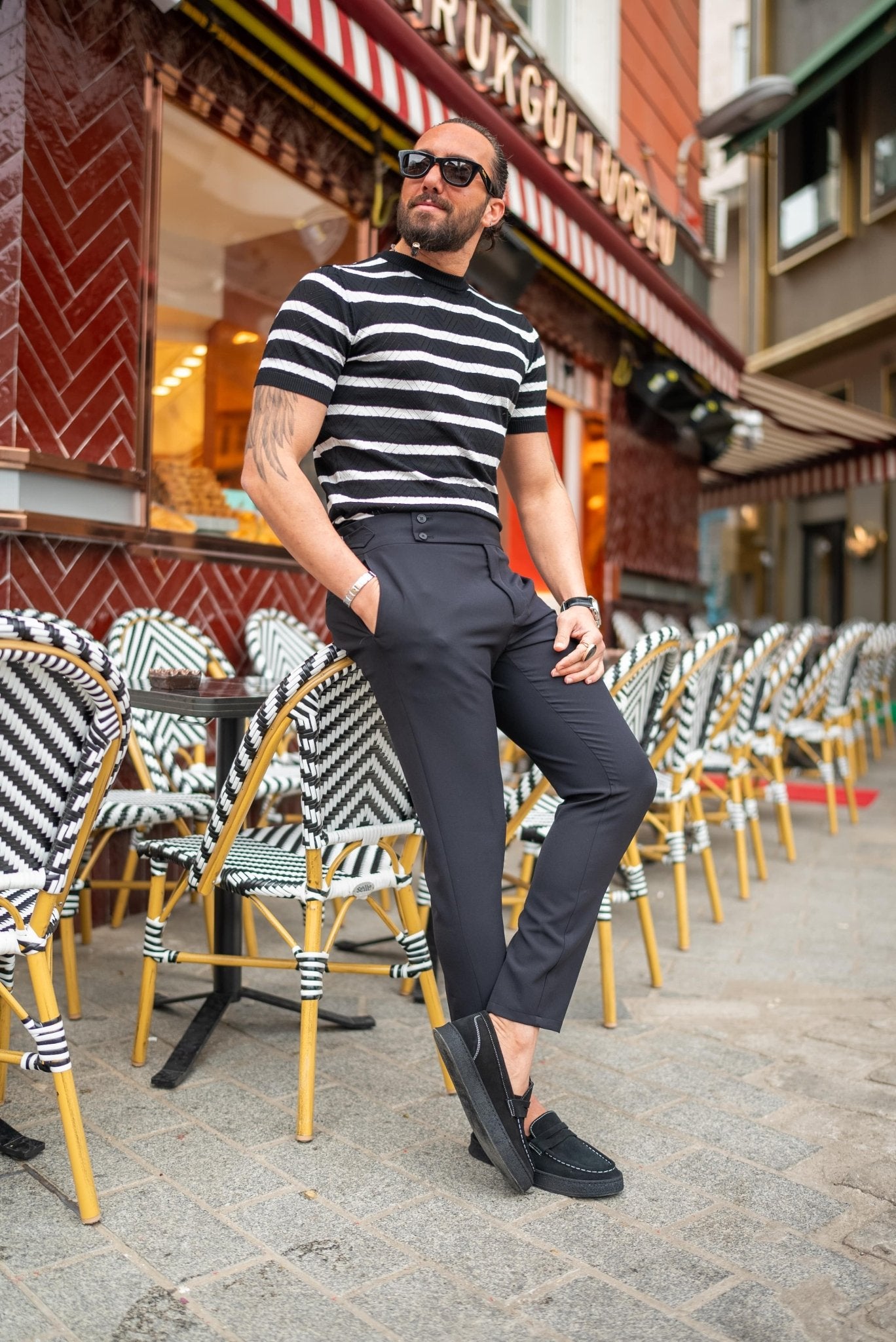 Men’s Black Slim Fit Belted Double - Button Trousers - SUITHARBOR