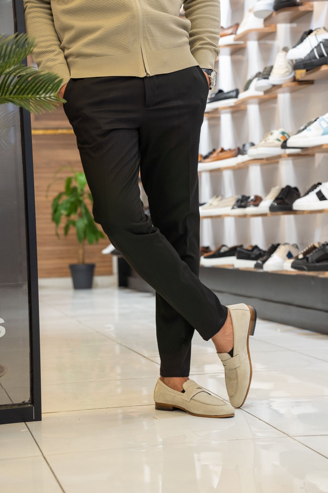 Men’s Black Slim Fit Belted Dress Trousers - SUITHARBOR
