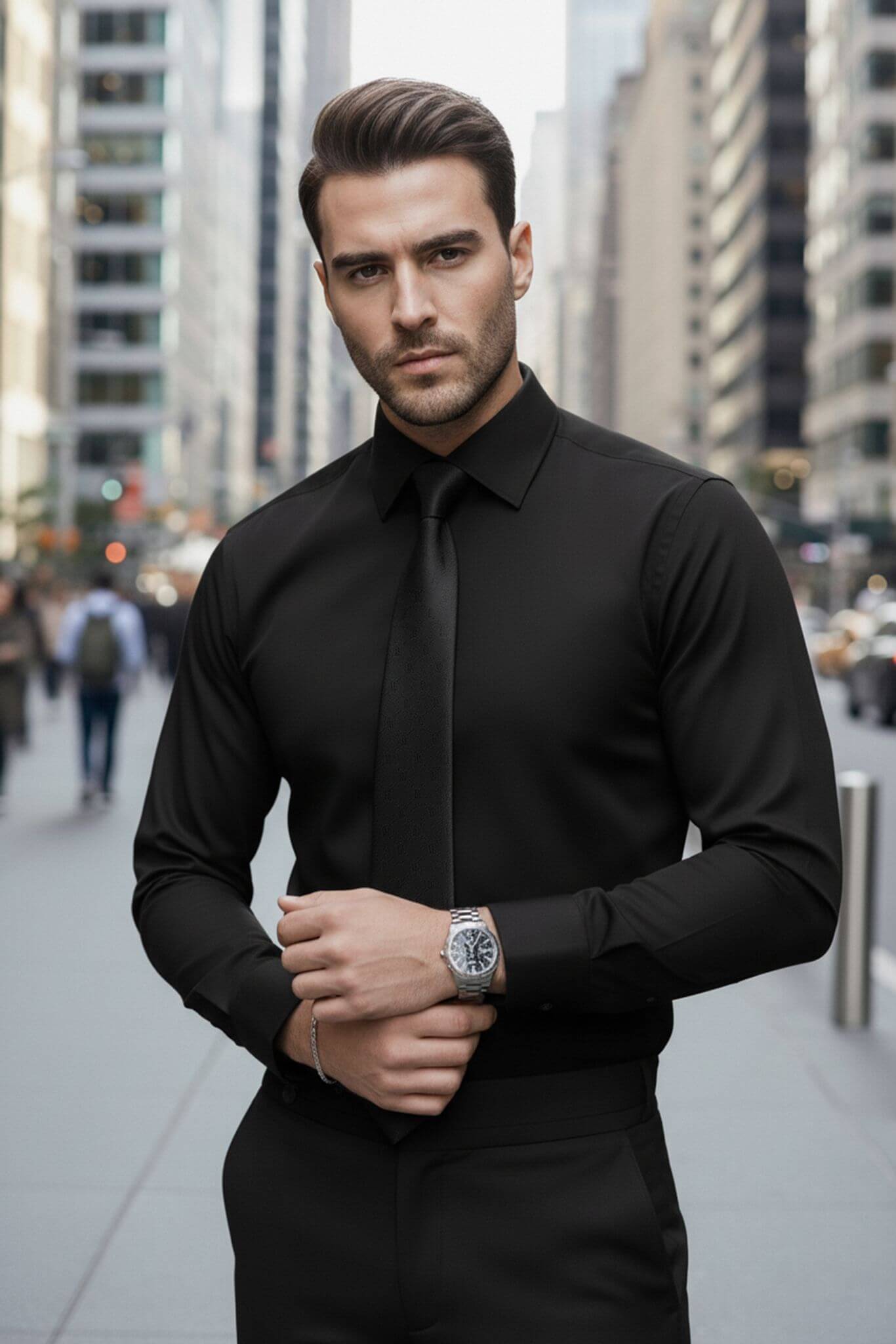 Men's Black Slim Fit Dress Shirt | Nano - Care Stretch Fabric - SUITHARBOR