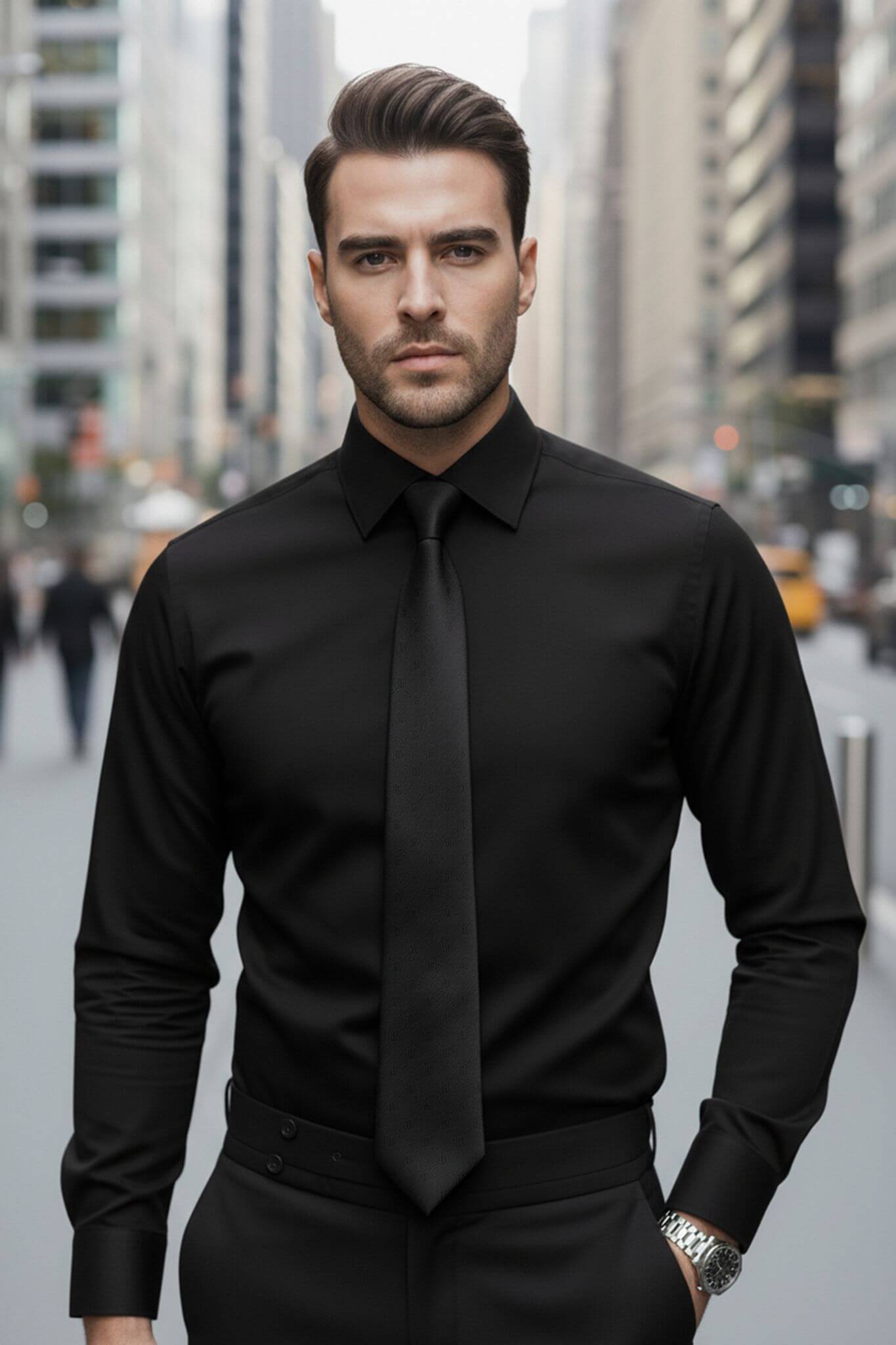 Men's Black Slim Fit Dress Shirt | Nano - Care Stretch Fabric - SUITHARBOR