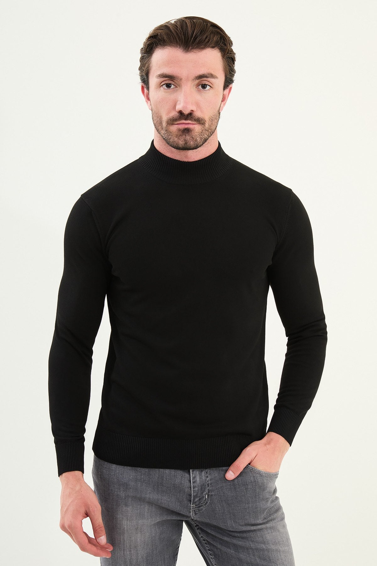 Men’s Black Slim Fit Mock Neck Knitwear Sweater - SUITHARBOR
