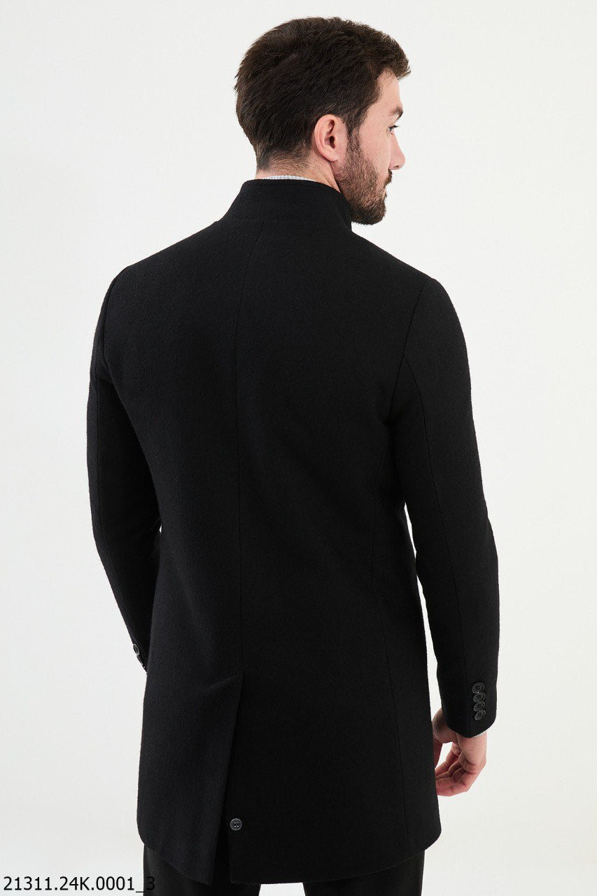 Men's Black Stand Collar Button-Up Overcoat - Slim-Fit Winter Jacket   SUITHARBOR