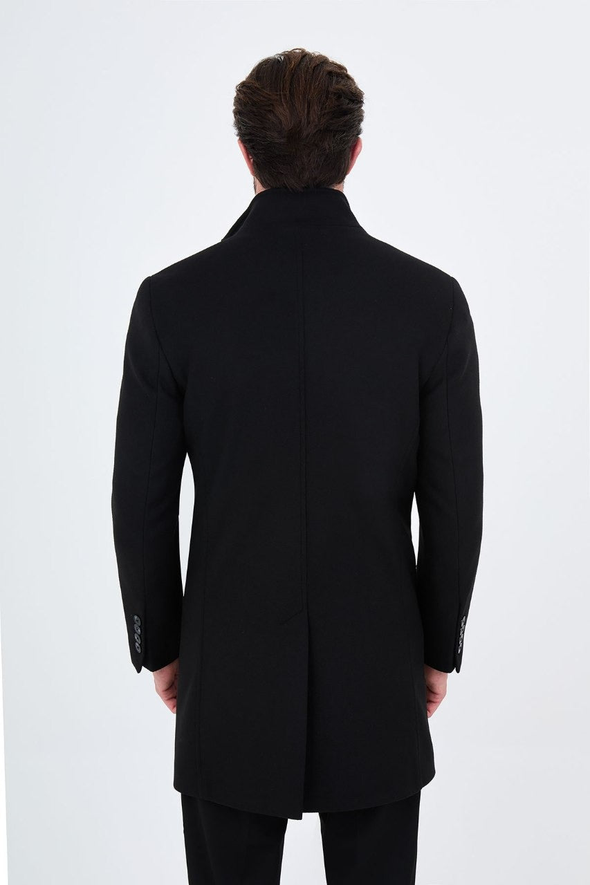 Men’s black stand-collar wool-blend overcoat, back view