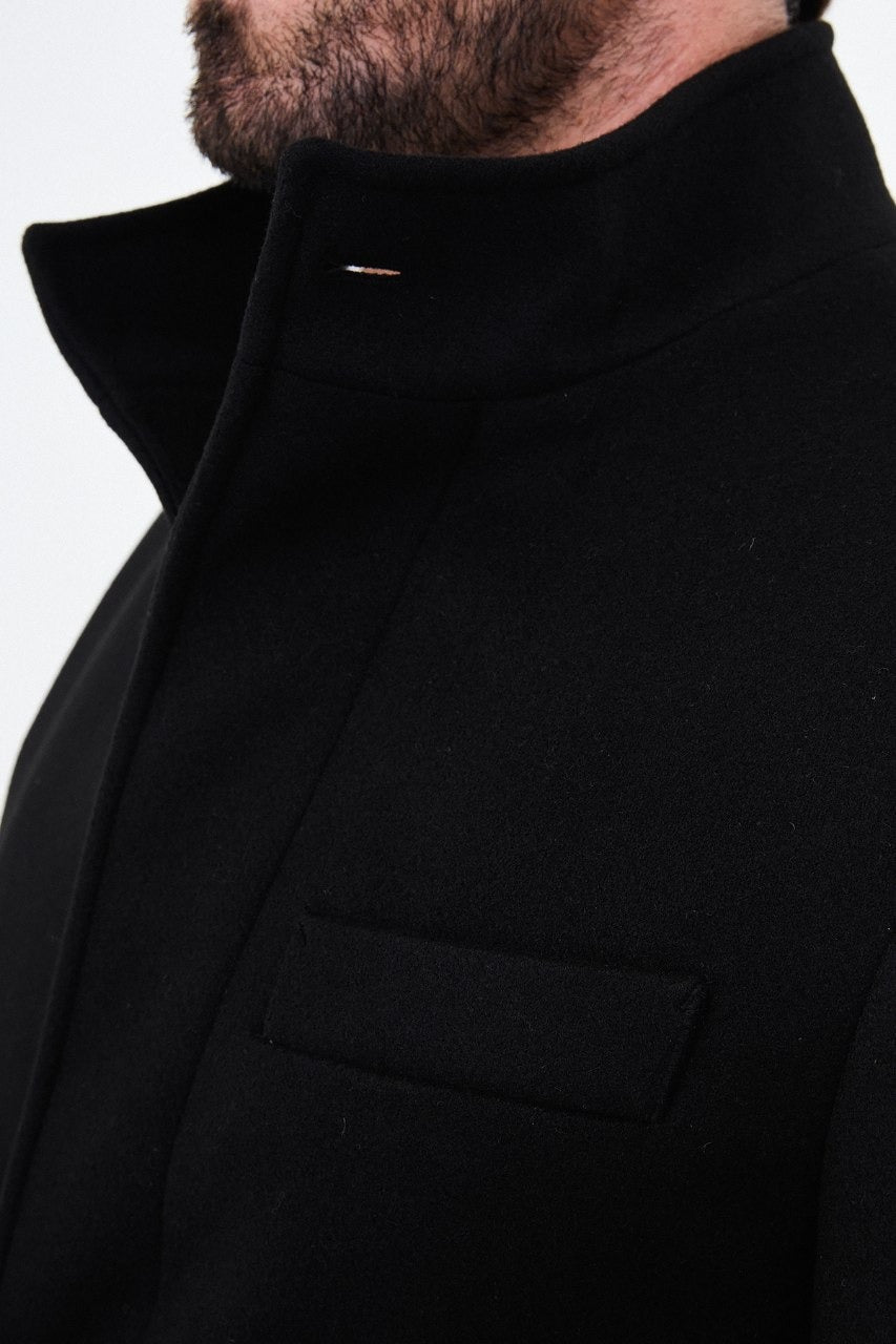 Men’s black stand-collar wool-blend overcoat, collar detail view