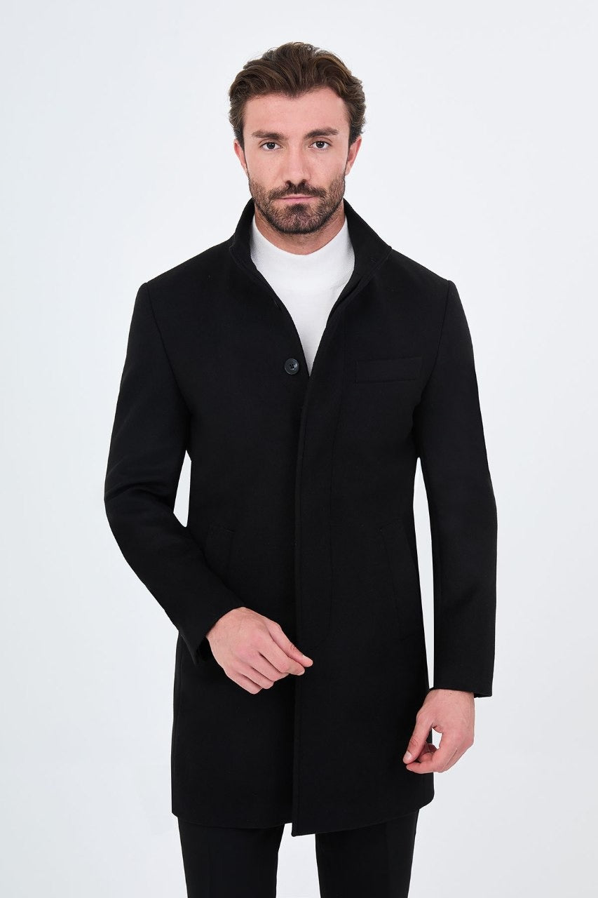 Men’s black stand-collar wool-blend overcoat, front fastened view
