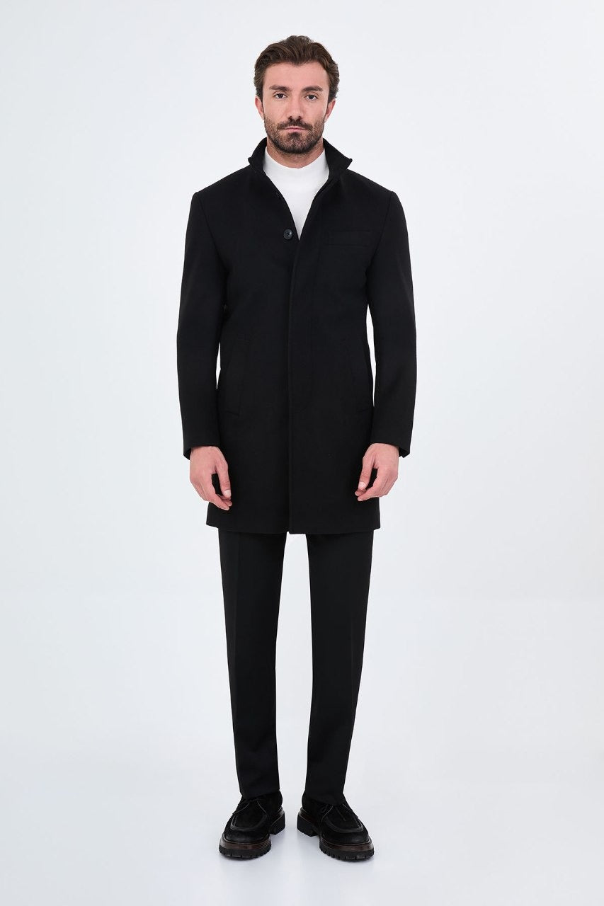 Men’s black stand-collar wool-blend overcoat, front full view