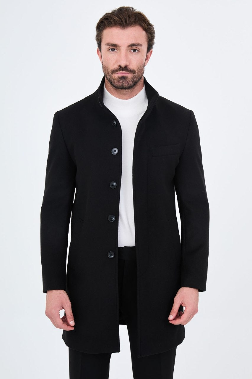 Men’s black stand-collar wool-blend overcoat, front open view