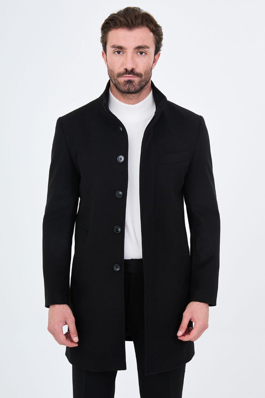 Men’s black stand-collar wool-blend overcoat, front open view
