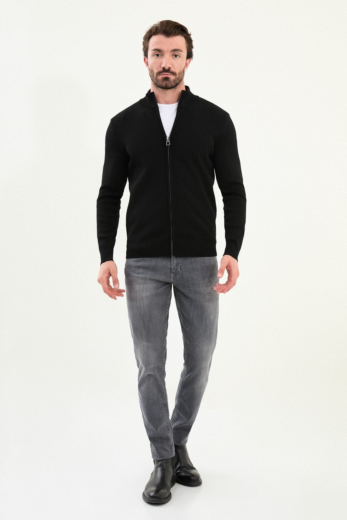 Men’s Black Stand Collar Zip Knit Cardigan Jacket - SUITHARBOR