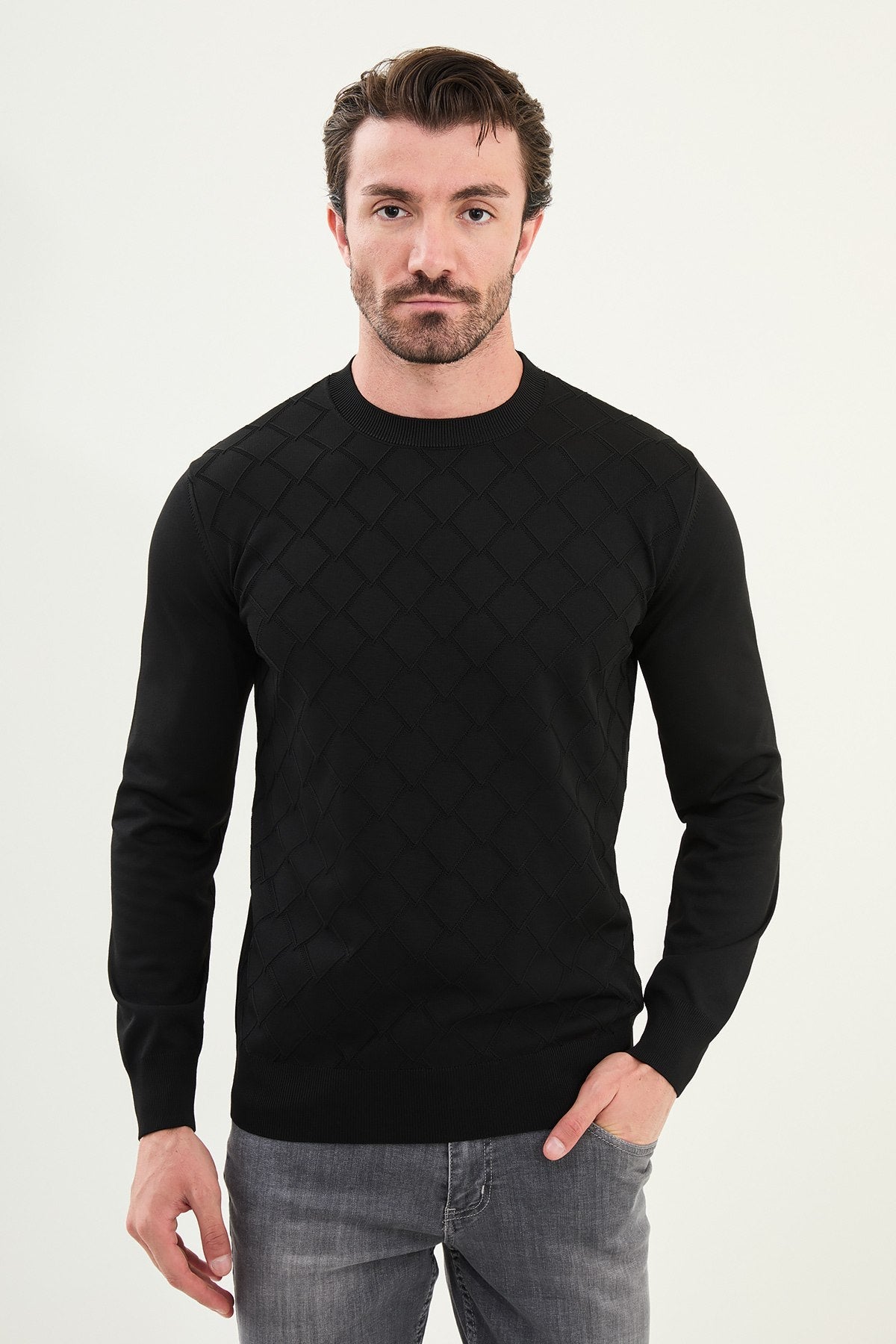 Men’s Black Textured Knit Sweater - SUITHARBOR