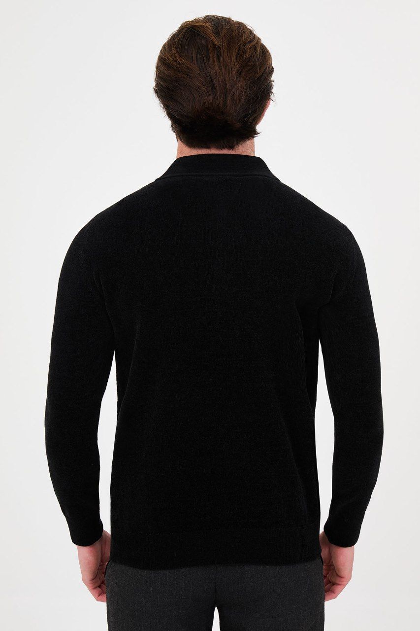 Back view of the men's black textured quarter-zip polo sweater