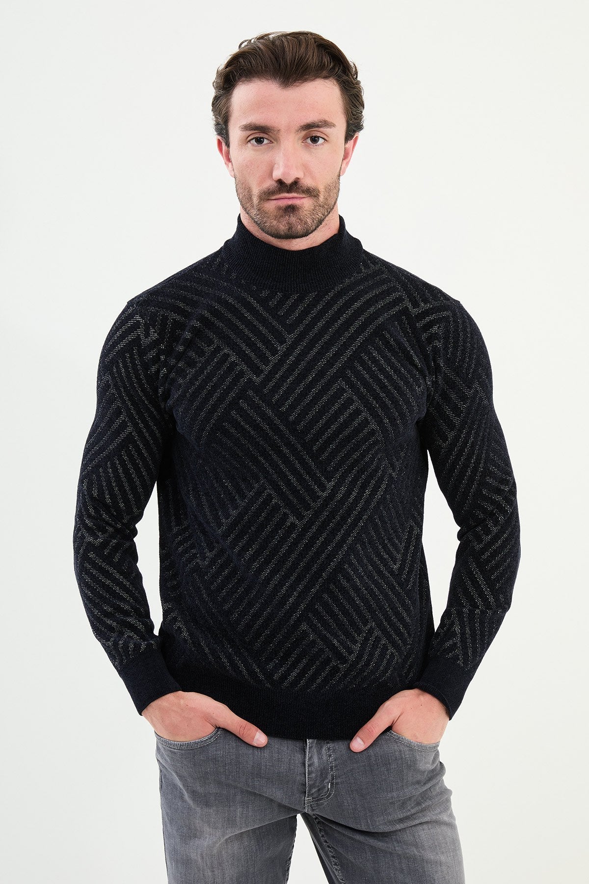 Men’s Black Textured Slim Fit Mock Up Sweater - SUITHARBOR
