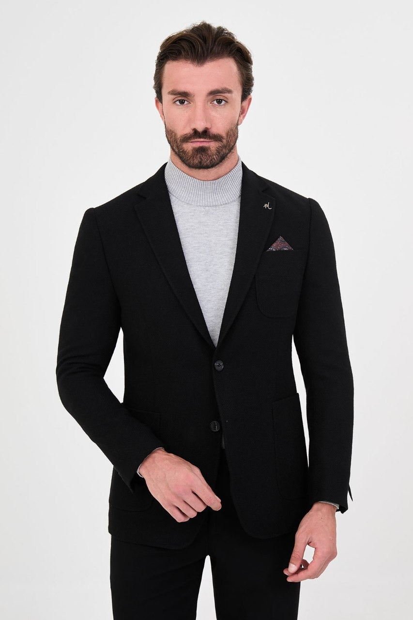 Men’s black blazer, front view