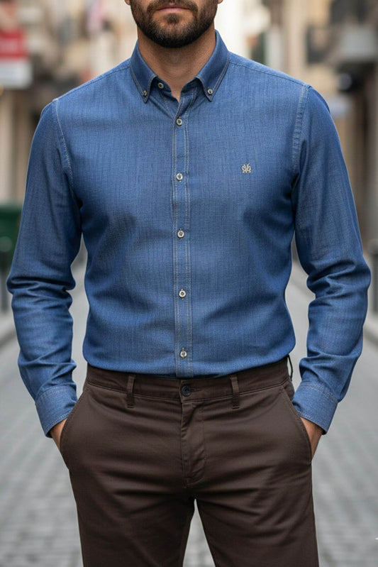 Men's Blue Cotton Denim Button - Down Shirt - SUITHARBOR