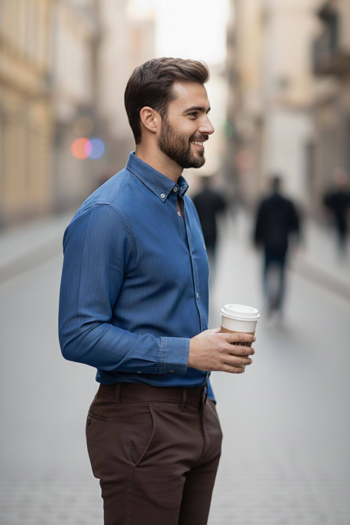 Men's Blue Cotton Denim Button - Down Shirt - SUITHARBOR