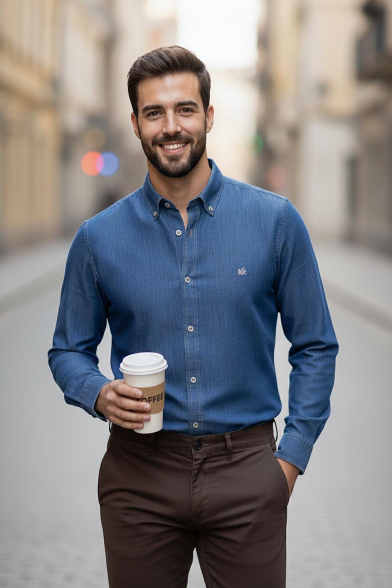 Men's Blue Cotton Denim Button - Down Shirt - SUITHARBOR