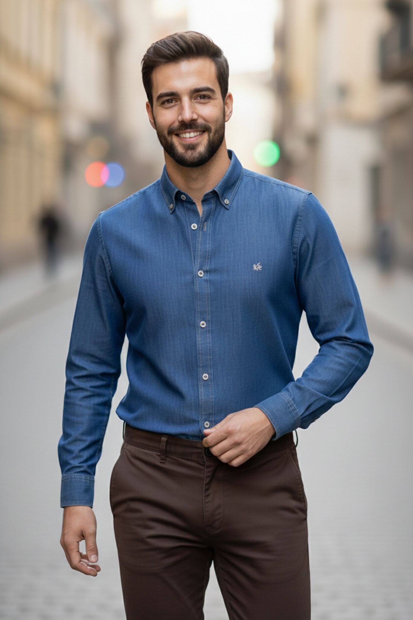 Men's Blue Cotton Denim Button - Down Shirt - SUITHARBOR