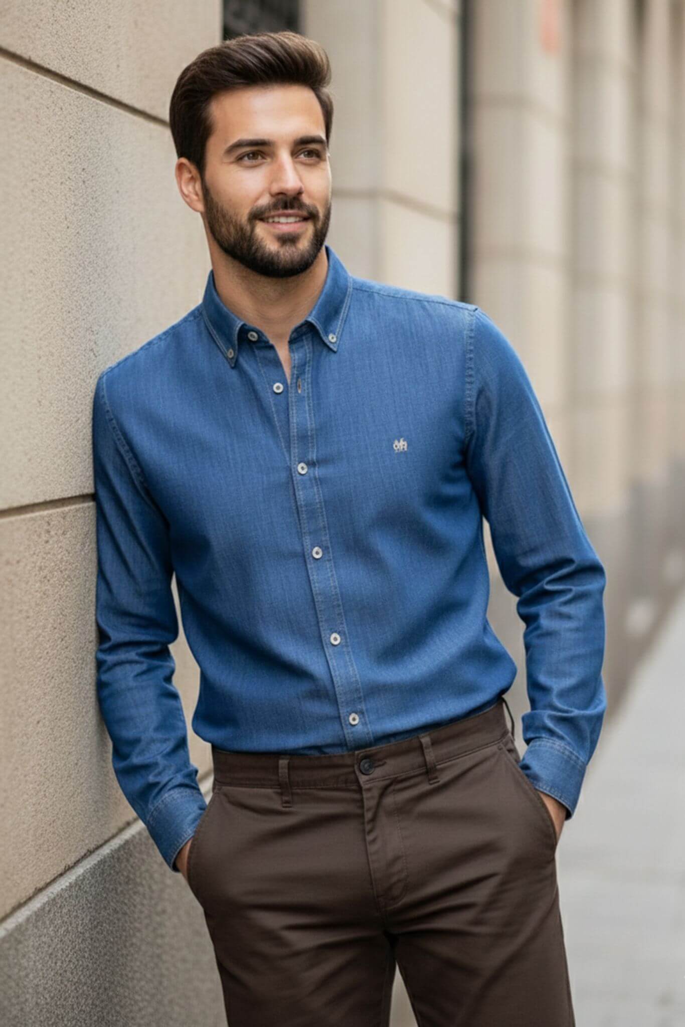 Men's Blue Cotton Denim Button - Down Shirt - SUITHARBOR