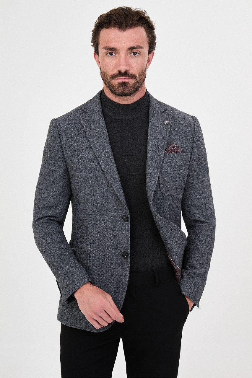 Men’s blue grey blazer, front view