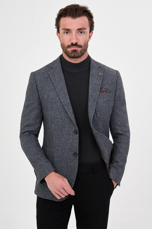 Men’s blue grey blazer, front view
