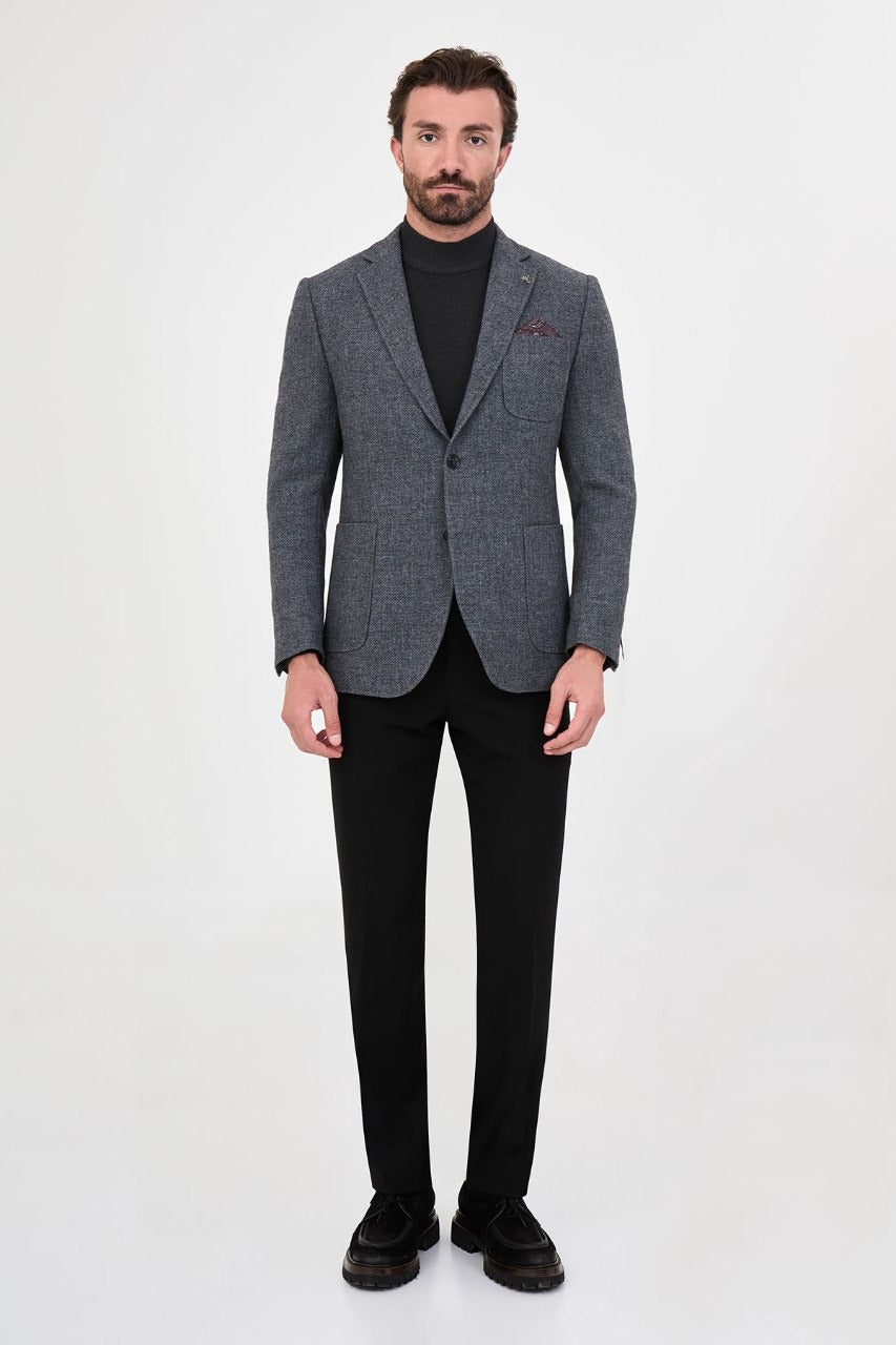 Men’s blue grey blazer styled with black trousers
