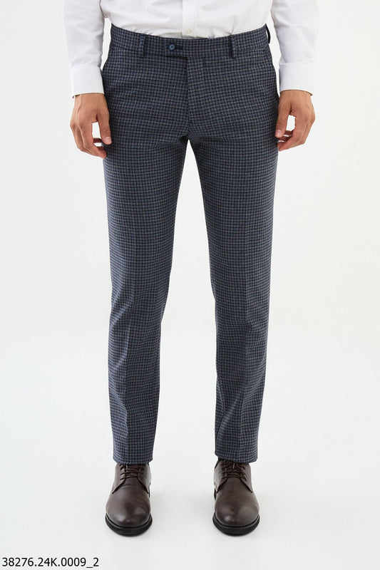 Men’s Blue Micro Check Slim Fit Trousers - SUITHARBOR