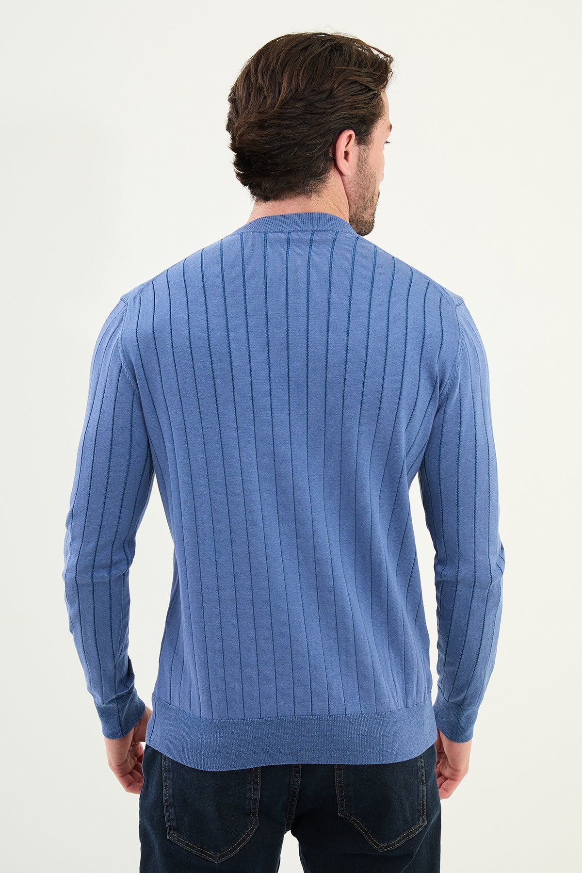 Men’s Blue Ribbed Slim Fit Knitwear Mockup Sweater - SUITHARBOR
