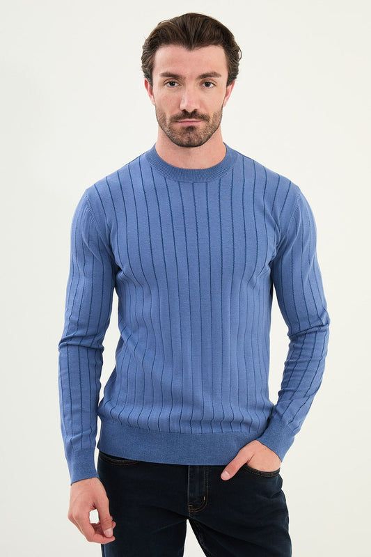 Men’s Blue Ribbed Slim Fit Knitwear Mockup Sweater - SUITHARBOR