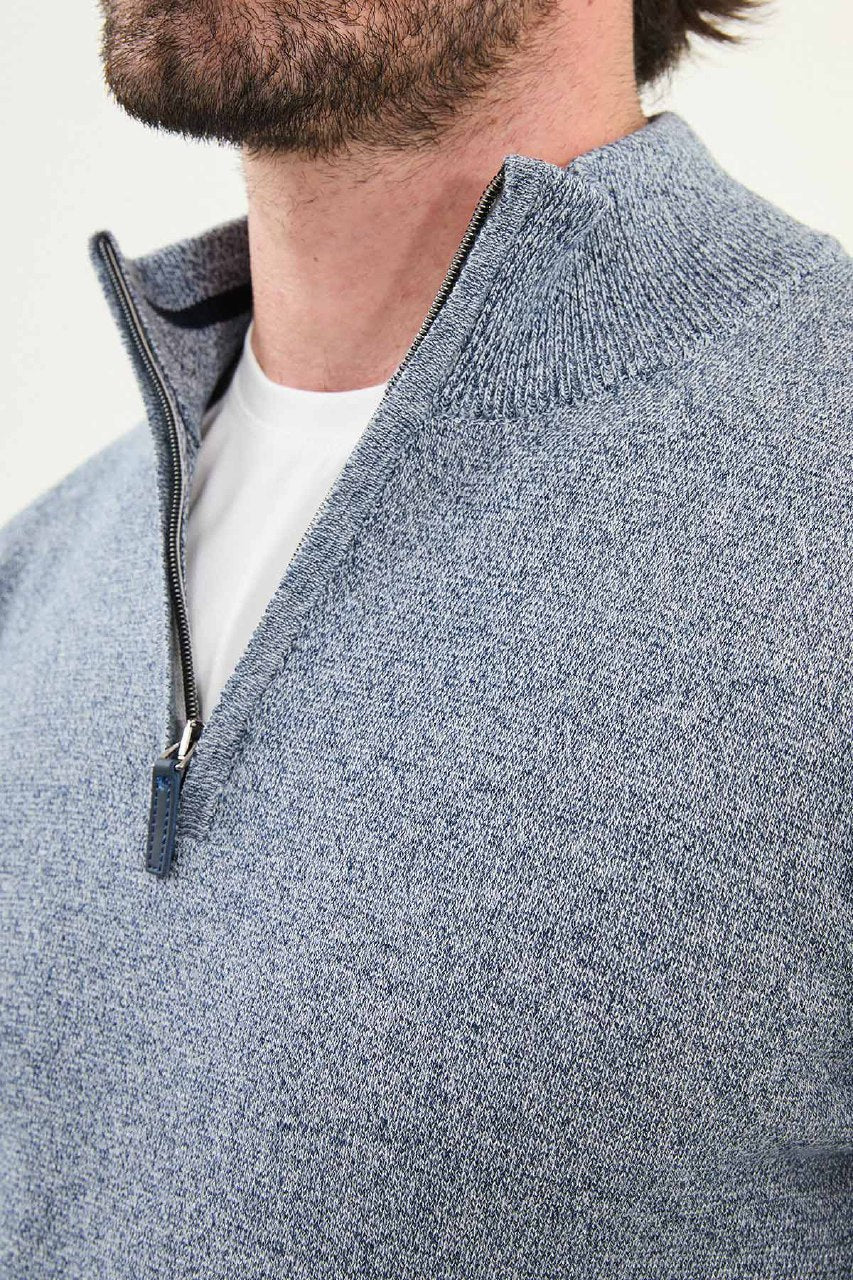 Men’s Blue Slim Fit Half - Zip Knitwear Sweater - SUITHARBOR
