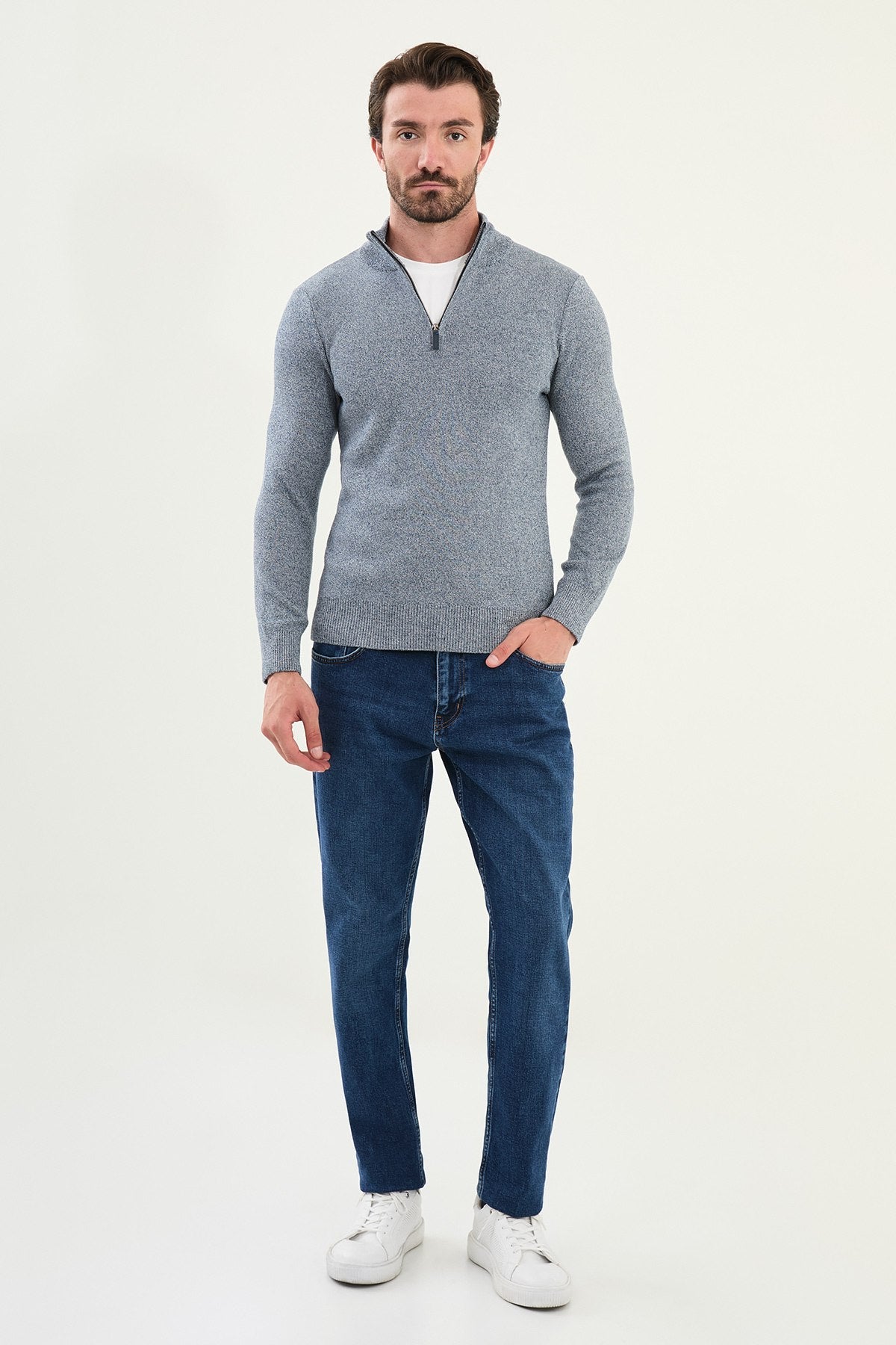 Men’s Blue Slim Fit Half - Zip Knitwear Sweater - SUITHARBOR