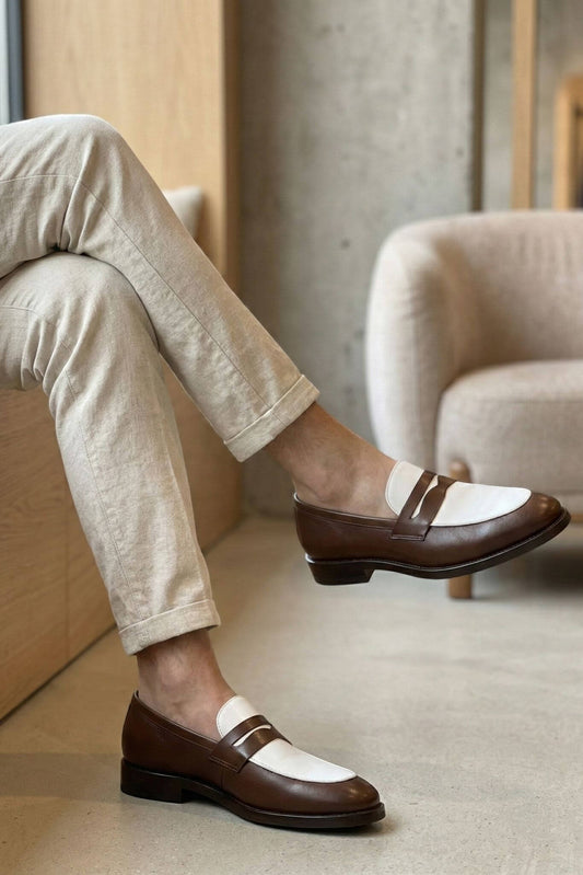 Men’s Brown and White Two - Tone Calfskin Leather Penny Loafers - SUITHARBOR