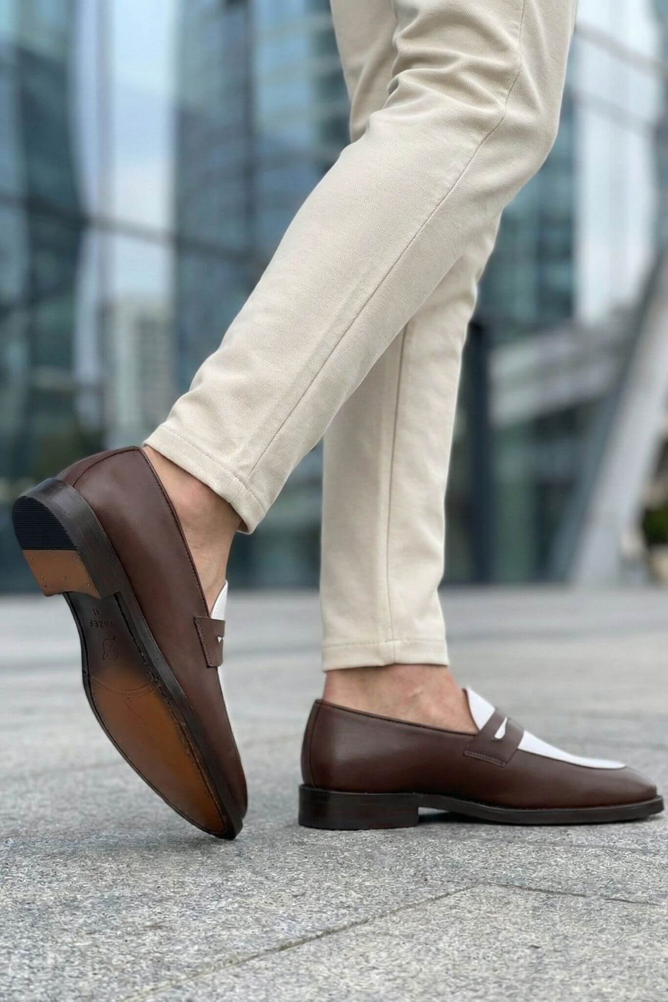 Men’s Brown and White Two - Tone Calfskin Leather Penny Loafers - SUITHARBOR