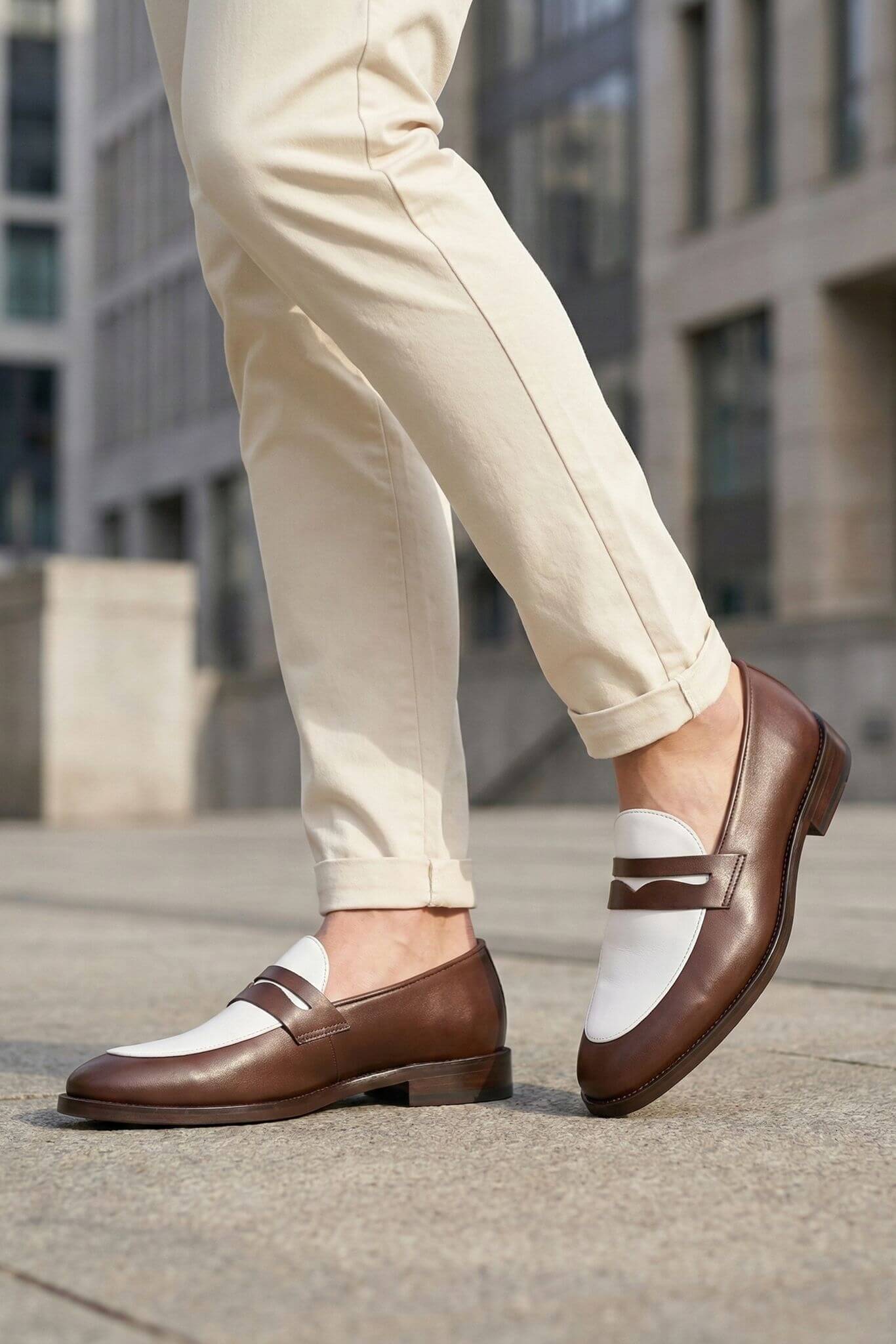 Men’s Brown and White Two - Tone Calfskin Leather Penny Loafers - SUITHARBOR