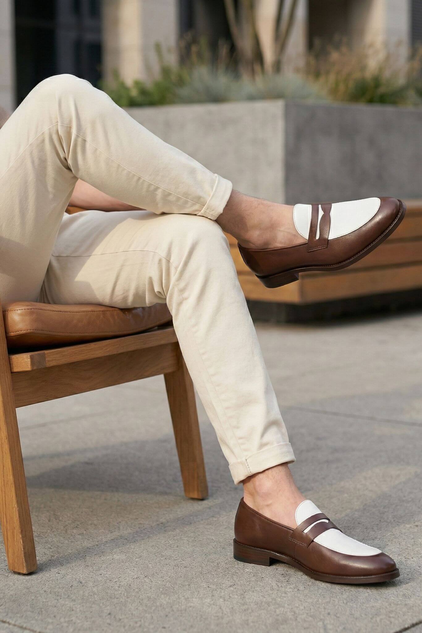 Men’s Brown and White Two - Tone Calfskin Leather Penny Loafers - SUITHARBOR