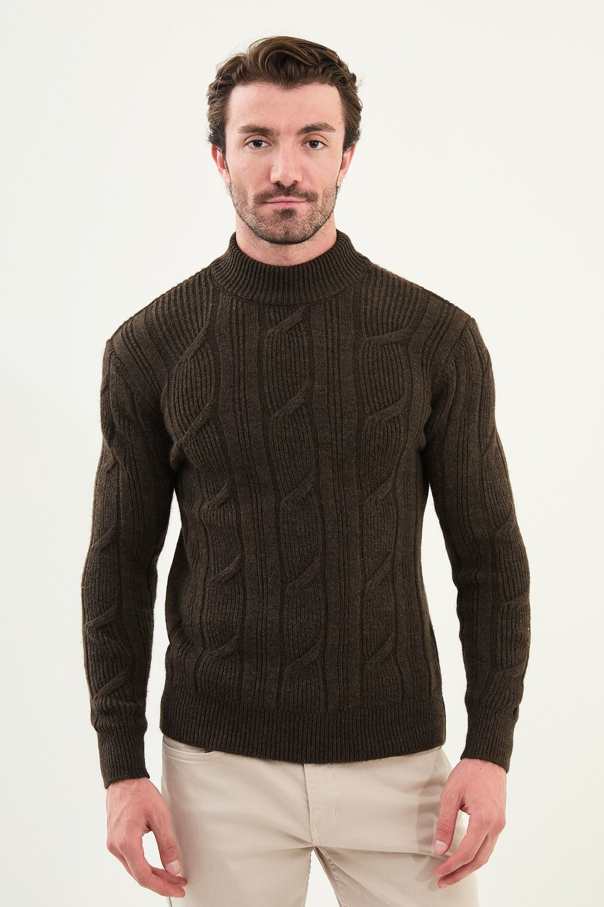 Men’s Brown Cable Knit Slim Fit Sweater - SUITHARBOR
