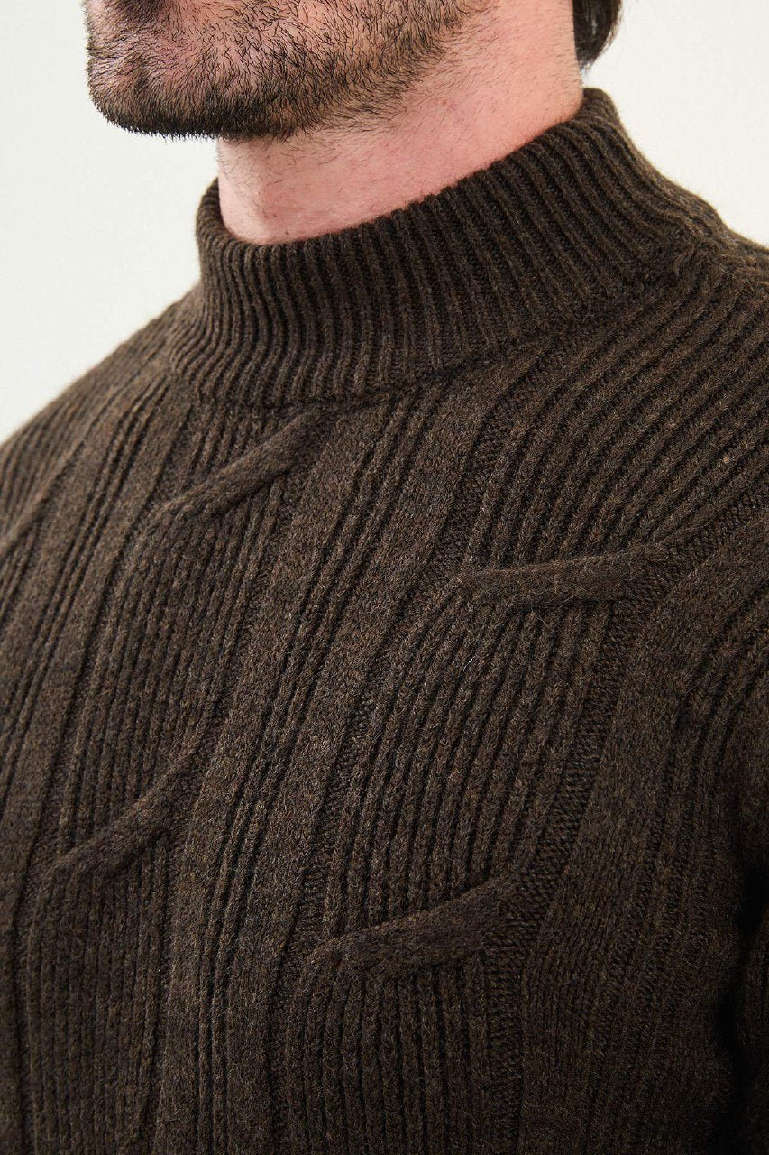 Men’s Brown Cable Knit Slim Fit Sweater - SUITHARBOR