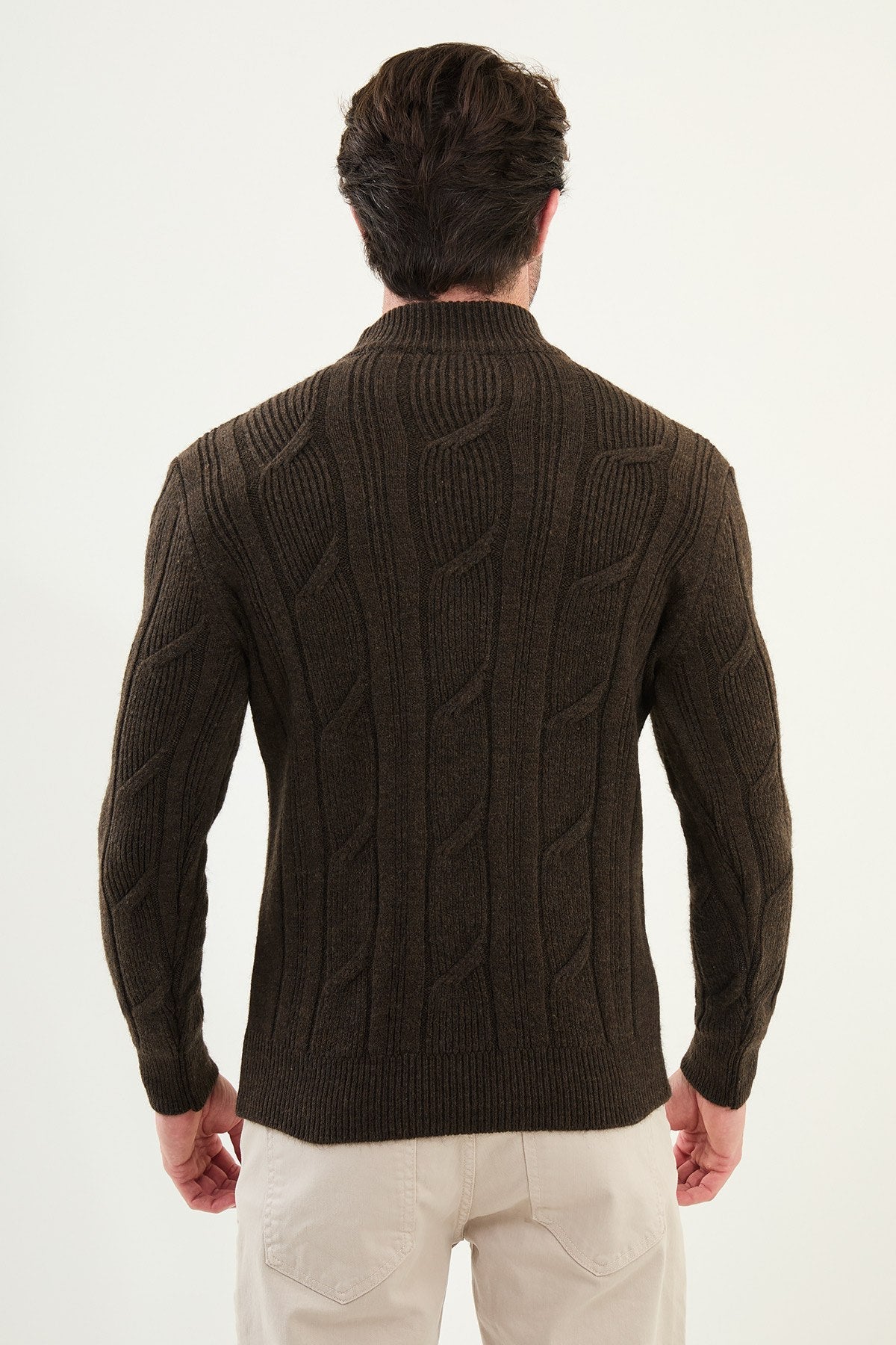Men’s Brown Cable Knit Slim Fit Sweater - SUITHARBOR