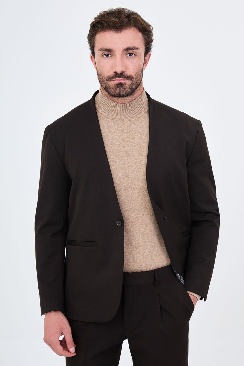 Men's dark brown collarless one-button two-piece suit front styling