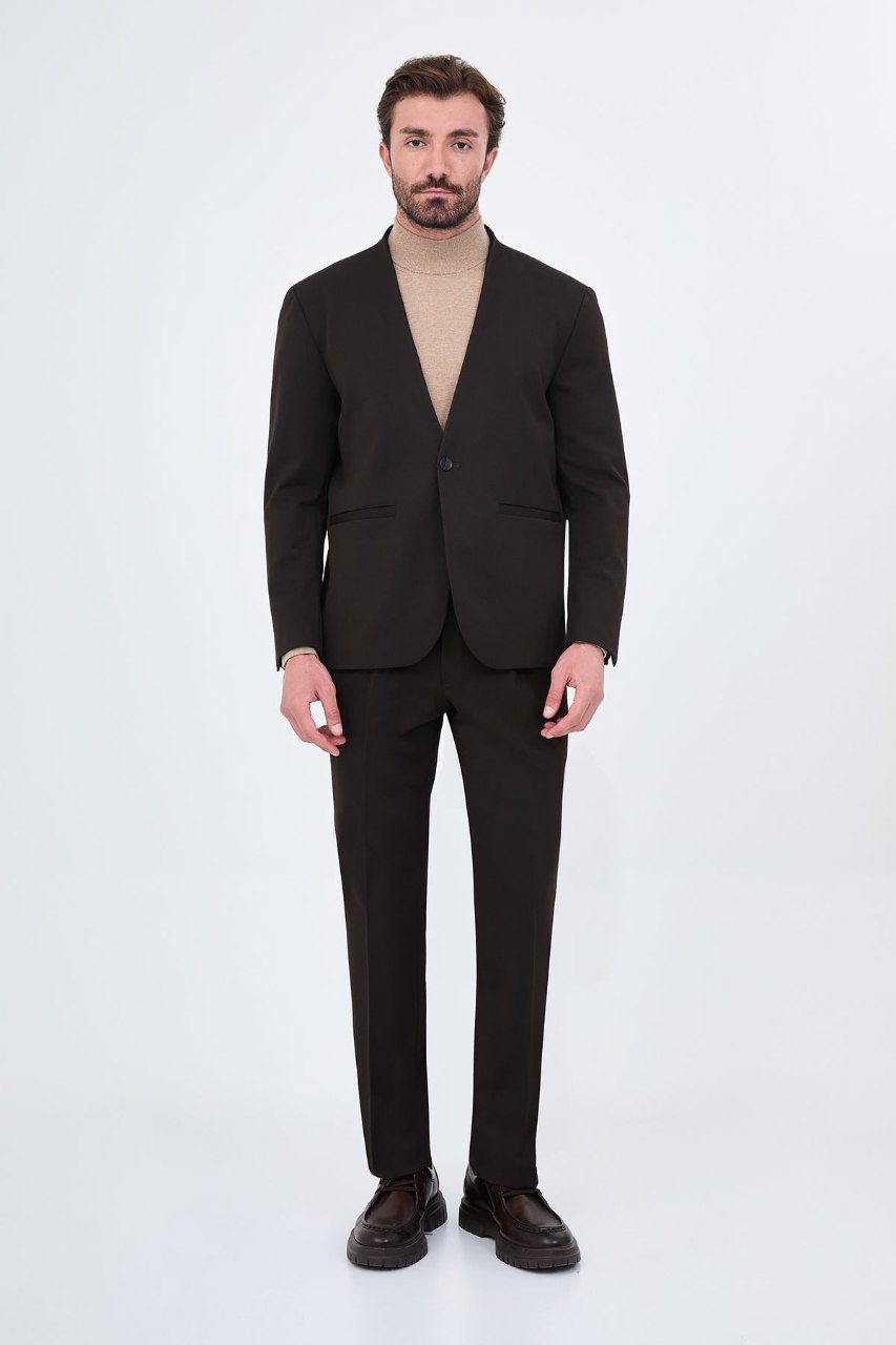 Men's dark brown collarless one-button two-piece suit full-length front