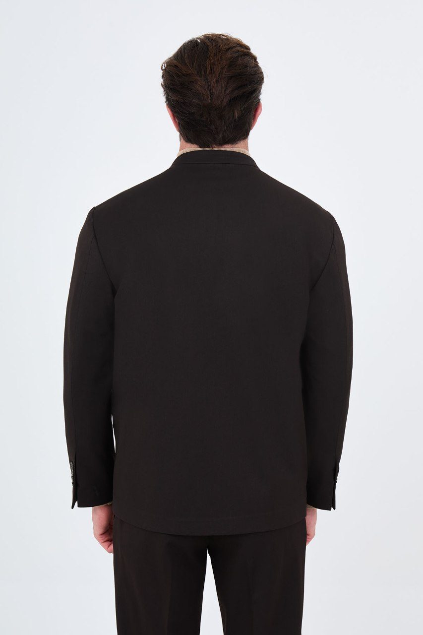 Men's dark brown collarless one-button two-piece suit back view