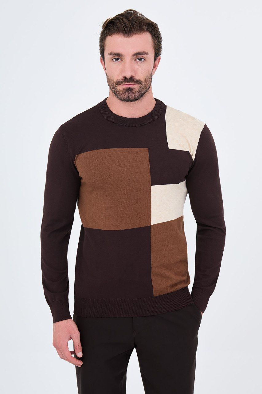 Front view of a man wearing a brown colour-block crew neck sweater