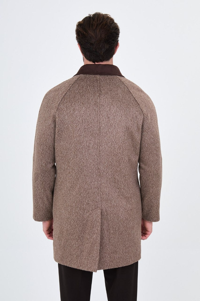 Men’s brown wool-blend overcoat with a contrast collar, back view