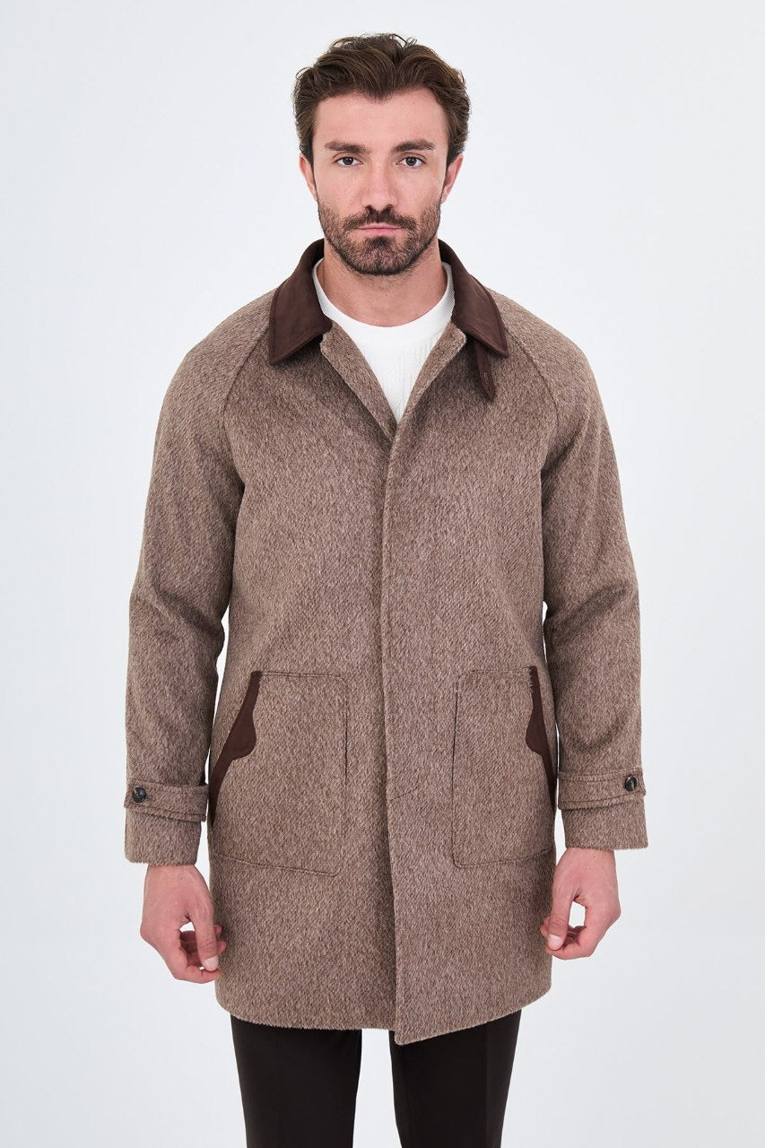 Men’s brown wool-blend overcoat with a contrast collar, front fastened view