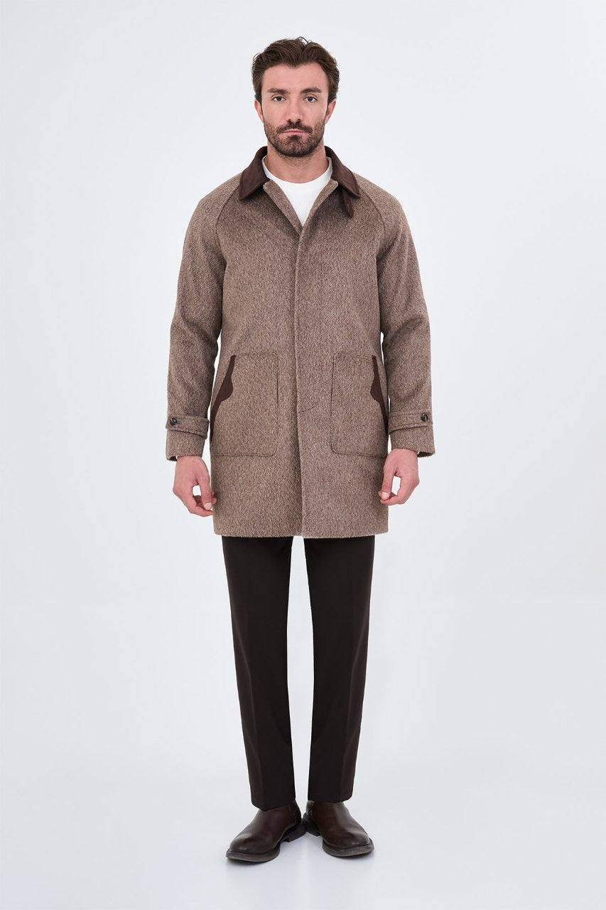 Men’s brown wool-blend overcoat with a contrast collar, front full view