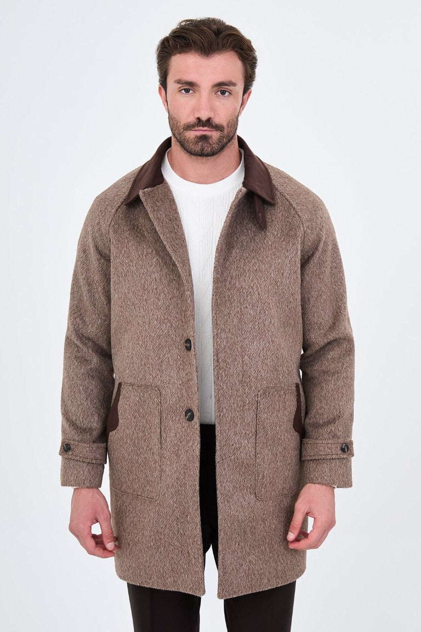 Men’s brown wool-blend overcoat with a contrast collar, front open view