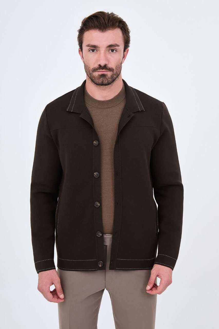 Man wearing a brown button-front cardigan with contrast trim, front view