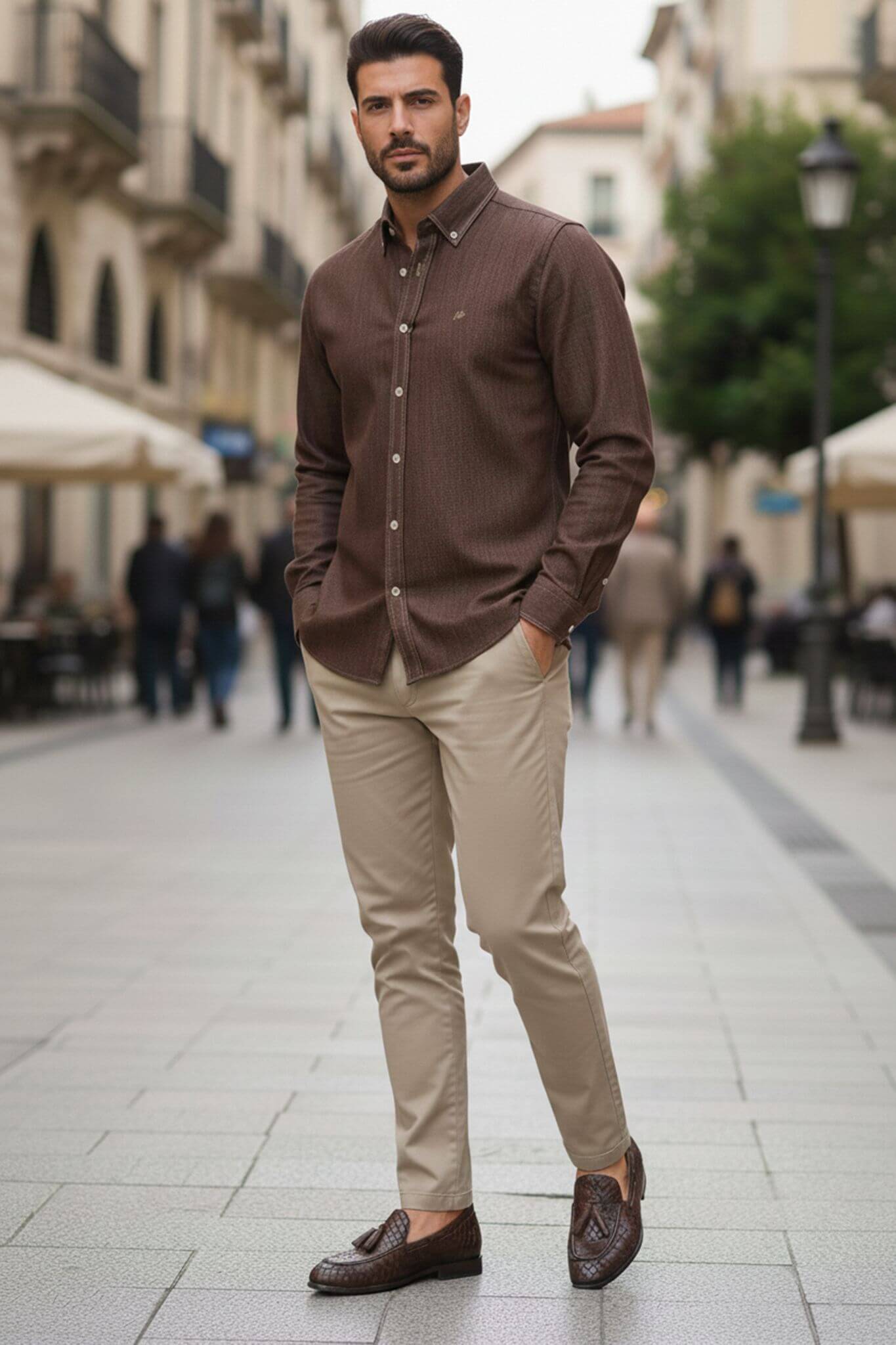Men's Brown Cotton Denim Button - Down Shirt - SUITHARBOR